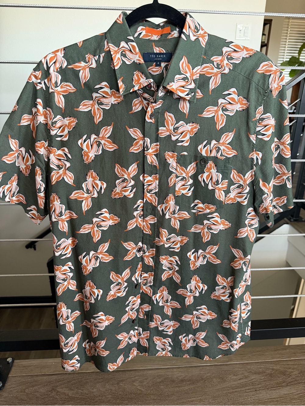 Ted Baker Olive Green Short-Sleeve Floral Button-Up with Orange & White Print